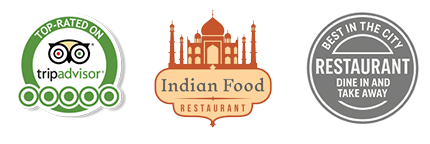 Indisk matlogga: tre olika märken inklusive en Tripadvisor-logga, en logga med Taj Mahal, och en logga som säger "Best in the City